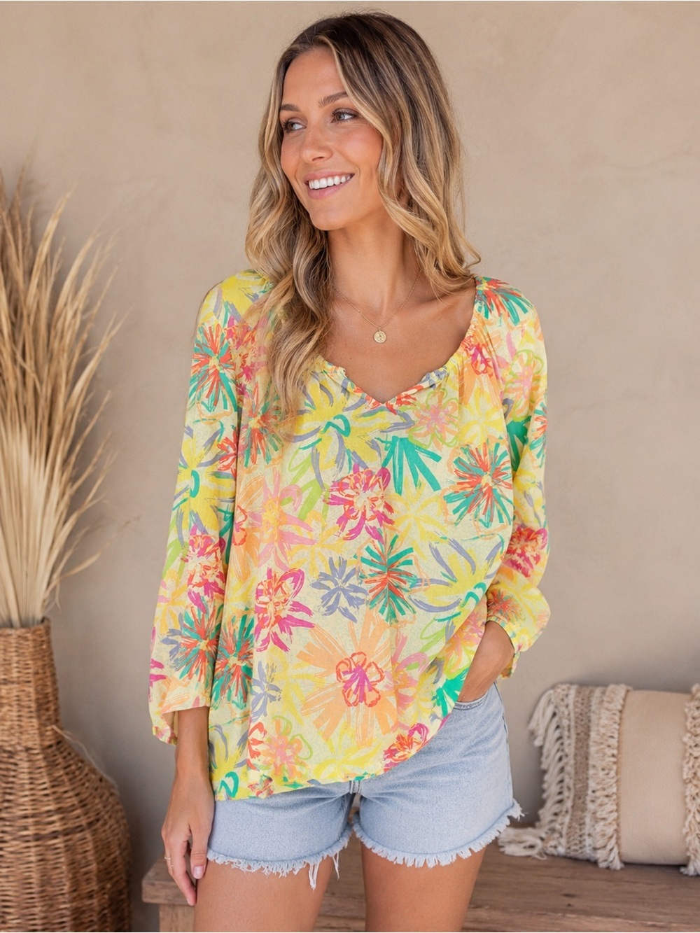 Fresh Produce Colorful Yellow Floral Tropical Print Long Sleeve Tunic Size XS/S
